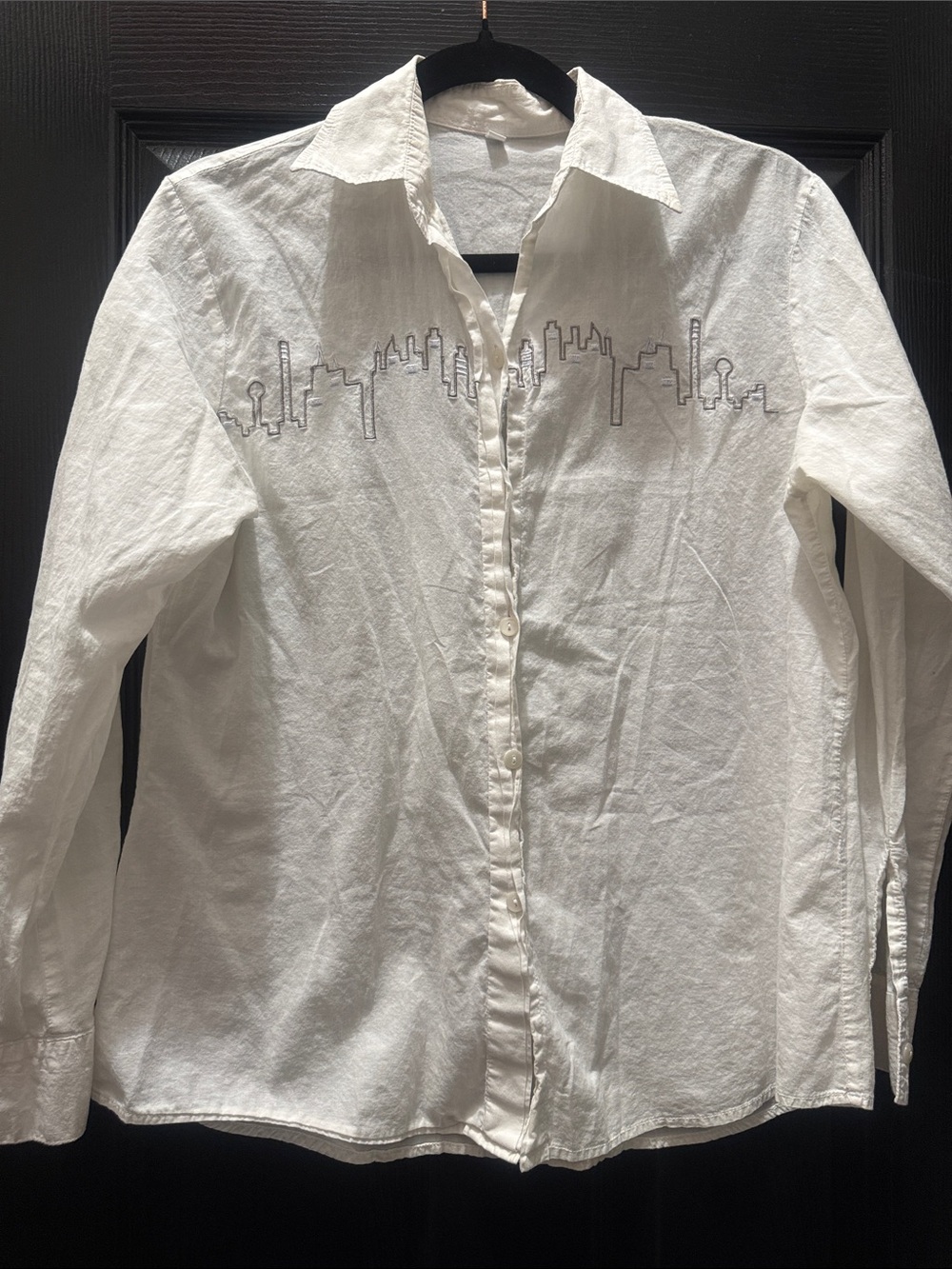 White Button-Down Shirt with Skyline Embroidery